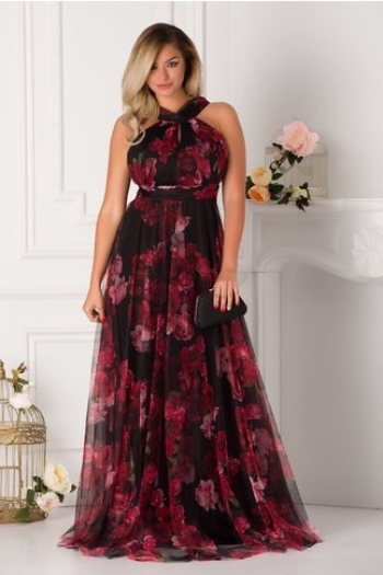 Rochie LaDonna lunga neagra din tull imprimat cu trandafiri