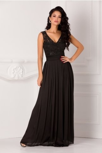 Rochie Belinda neagra lunga cu broderie la bust