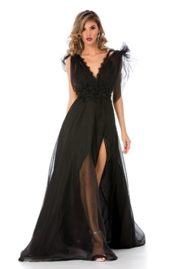 Rochie BBY lunga neagra cu broderie si margelute in talie