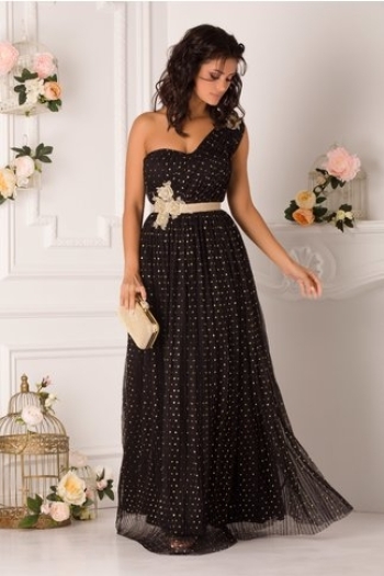 Rochie LaDonna neagra lunga cu buline aurii si broderie in talie
