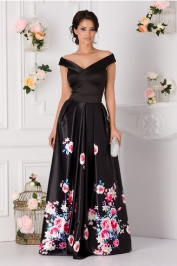 Rochie Artista Argus de seara neagra cu trandafiri roz